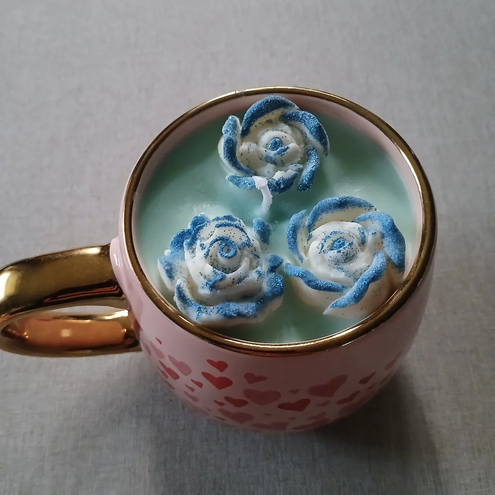 Cute Blue Glitter Rose Cup Candle - Picture 1 of 6
